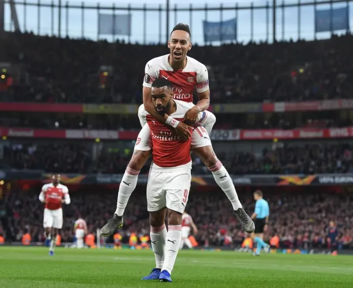 Framed Print : Arsenal's Lacazette and Aubameyang Celebrate Goal in Europa League Semi-Final vs Valencia