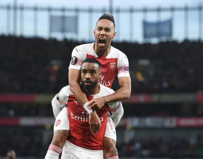 Framed Print : Arsenal's Lacazette and Aubameyang Celebrate Goal in Europa League Semi-Final vs Valencia Framed Print : Arsenal's Lacazette and Aubameyang Celebrate Goal in Europa League Semi-Final vs Valencia