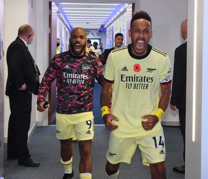 Framed Print : Arsenal's Lacazette and Aubameyang Celebrate Goal in Leicester City vs Arsenal (2021-22) Framed Print : Arsenal's Lacazette and Aubameyang Celebrate Goal in Leicester City vs Arsenal (2021-22)