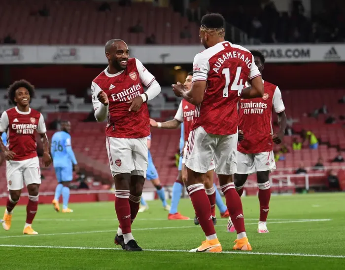 Framed Print : Arsenal's Lacazette and Aubameyang Celebrate Goal Against West Ham United (2020-21)
