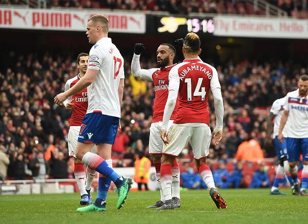 Arsenal's Lacazette and Aubameyang Celebrate Goals Against Stoke City (April 2018)