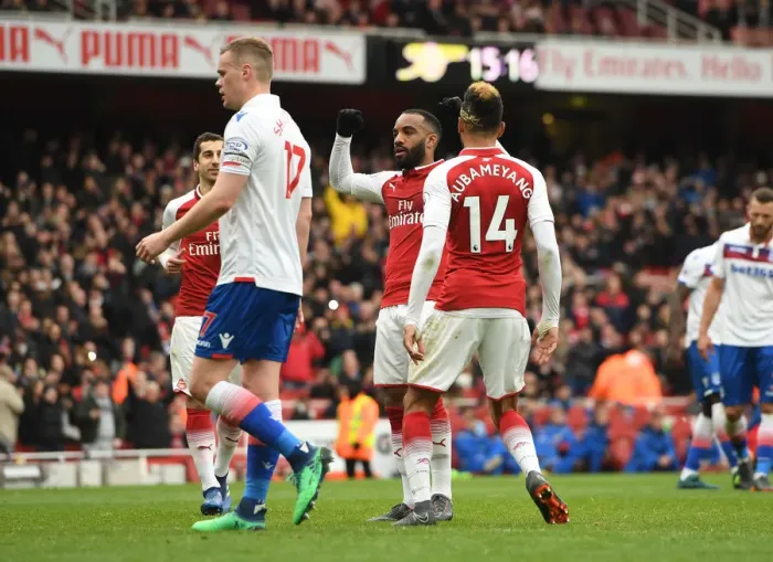 Framed Print : Arsenal's Lacazette and Aubameyang Celebrate Goals Against Stoke City (April 2018)