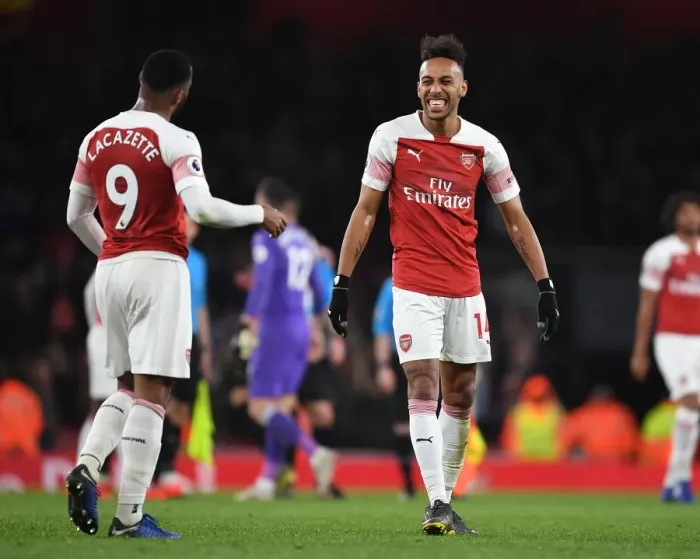 Framed Print : Arsenal's Lacazette and Aubameyang Celebrate Victory over Newcastle United in the Premier League