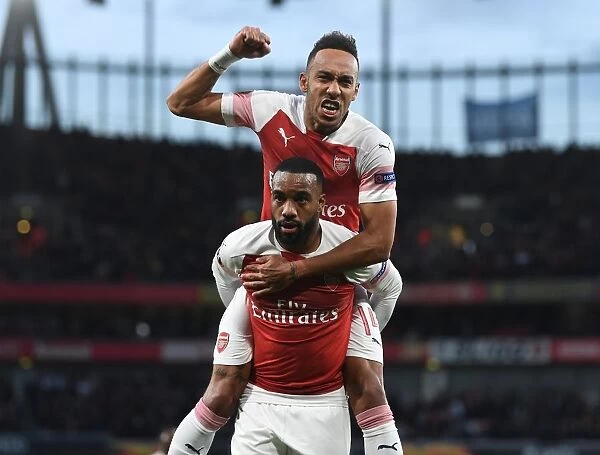 Arsenal's Lacazette and Aubameyang: Celebrating Europa League Semi-Final Goals at Emirates Stadium