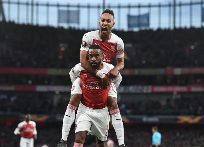 Framed Print : Arsenal's Lacazette and Aubameyang: Celebrating Europa League Semi-Final Goals at Emirates Stadium Framed Print : Arsenal's Lacazette and Aubameyang: Celebrating Europa League Semi-Final Goals at Emirates Stadium