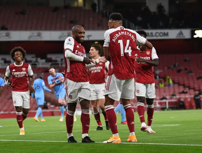 Framed Print : Arsenal's Lacazette and Aubameyang: Celebrating a Goal Against West Ham United (2020-21) Framed Print : Arsenal's Lacazette and Aubameyang: Celebrating a Goal Against West Ham United (2020-21)