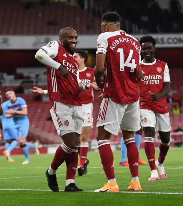 Framed Print : Arsenal's Lacazette and Aubameyang: Celebrating a Goal Against West Ham United (2020-21)
