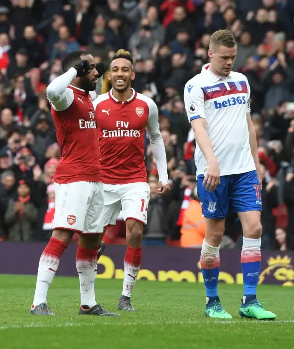 Framed Print : Arsenal's Lacazette and Aubameyang: A Harmonious Duo Celebrating Goals (Arsenal v Stoke City 2017-18)