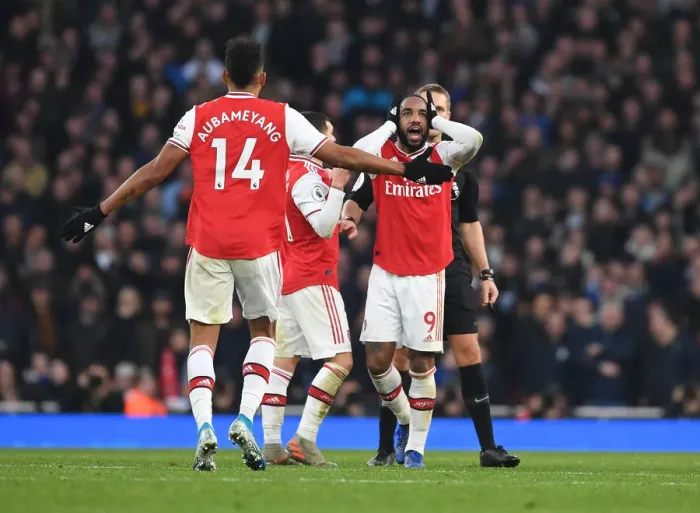 Framed Print : Arsenal's Lacazette and Aubameyang Protest Referee Decision During Arsenal v Chelsea Clash
