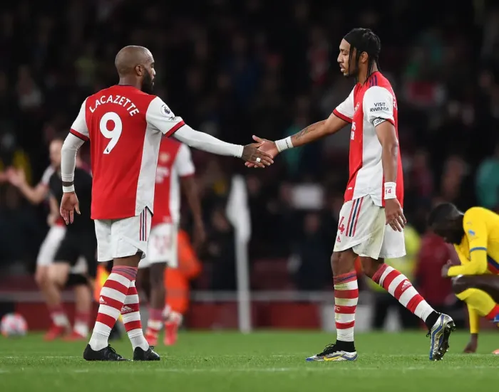Framed Print : Arsenal's Lacazette and Aubameyang Share a Moment after Arsenal vs Crystal Palace (2021-22)