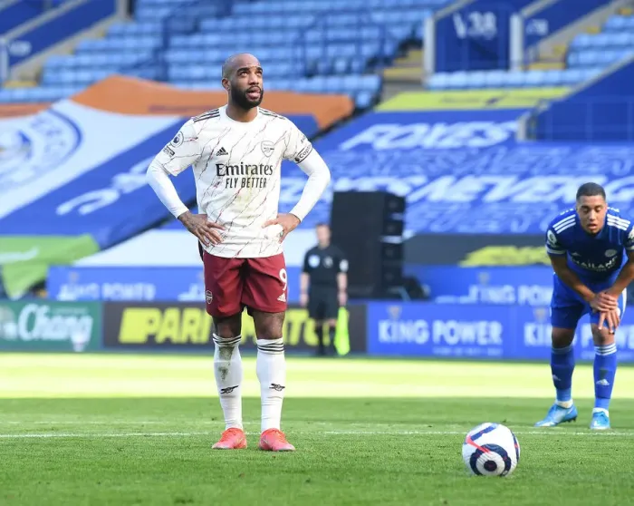 Framed Print : Arsenal's Lacazette Awaits VAR Decision in Empty Leicester Stadium (Leicester City vs Arsenal, Premier League 2021)