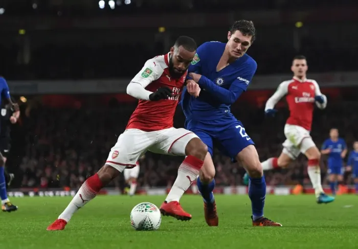 Framed Print : Arsenal's Lacazette Clashes with Chelsea's Christensen in Carabao Cup Semi-Final Showdown Framed Print : Arsenal's Lacazette Clashes with Chelsea's Christensen in Carabao Cup Semi-Final Showdown