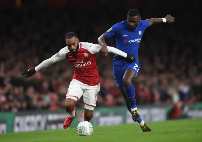 Framed Print : Arsenal's Lacazette Clashes with Chelsea's Rudiger in Carabao Cup Semi-Final Showdown Framed Print : Arsenal's Lacazette Clashes with Chelsea's Rudiger in Carabao Cup Semi-Final Showdown