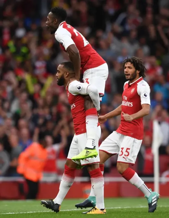 Framed Print : Arsenal's Lacazette, Elneny, and Welbeck Celebrate Goal vs Leicester City (2017-18)