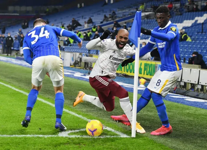 Framed Print : Arsenal's Lacazette Fouls Bissouma in Empty Brighton Stadium (Premier League, Dec 2020) Framed Print : Arsenal's Lacazette Fouls Bissouma in Empty Brighton Stadium (Premier League, Dec 2020)
