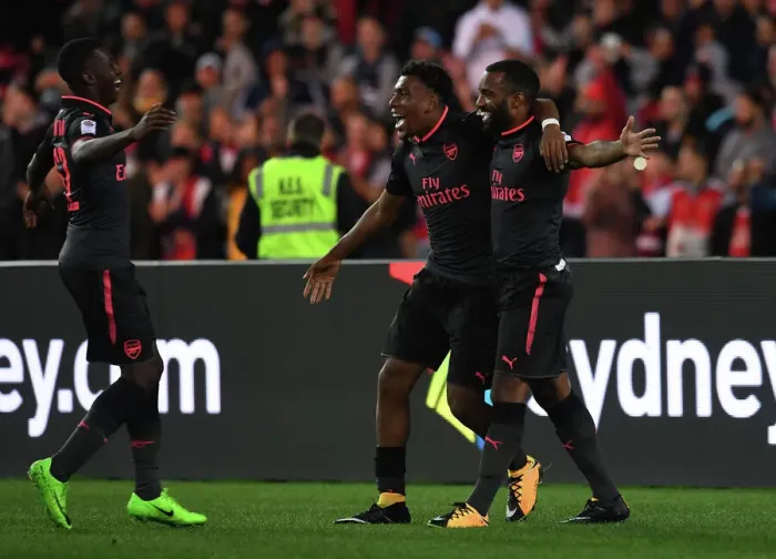 Framed Print : Arsenal's Lacazette, Iwobi, and Nketiah Celebrate Goals Against Sydney FC Framed Print : Arsenal's Lacazette, Iwobi, and Nketiah Celebrate Goals Against Sydney FC