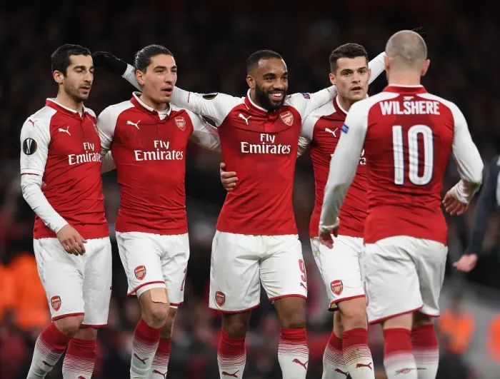 Framed Print : Arsenal's Lacazette, Mkhitaryan, Bellerin, and Xhaka Celebrate Goals Against CSKA Moscow in Europa League Quarterfinal Framed Print : Arsenal's Lacazette, Mkhitaryan, Bellerin, and Xhaka Celebrate Goals Against CSKA Moscow in Europa League Quarterfinal
