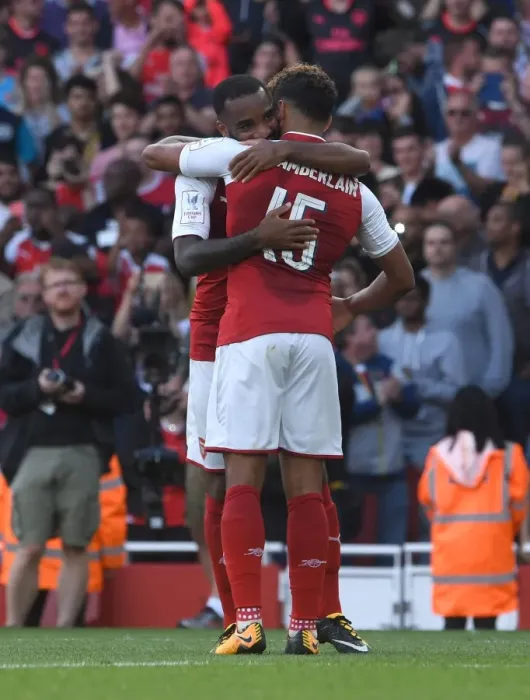 Framed Print : Arsenal's Lacazette and Oxlade-Chamberlain Celebrate Goal at Emirates Cup