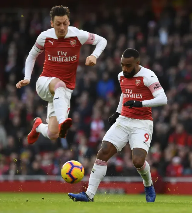 Framed Print : Arsenal's Lacazette and Ozil in Action: Arsenal FC vs Burnley FC, Premier League 2018-19