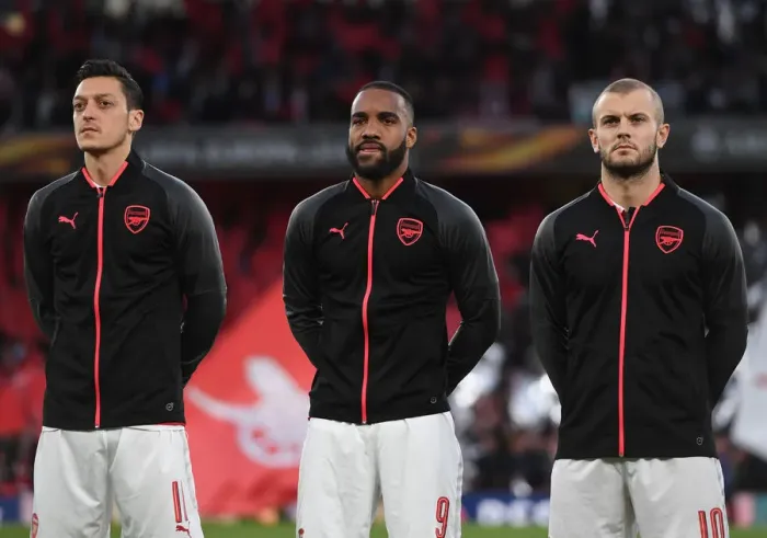 Framed Print : Arsenal's Lacazette, Ozil, and Wilshere Ahead of Europa League Semi-Final vs. Atletico Madrid
