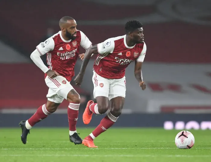 Framed Print : Arsenal's Lacazette and Partey in Action: Arsenal vs. Aston Villa, 2020-21 Premier League (Behind Closed Doors)
