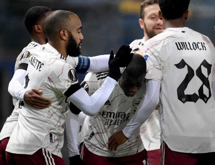 Framed Print : Arsenal's Lacazette and Pepe Celebrate First Goal in Molde FK Victory, UEFA Europa League 2020-21 Framed Print : Arsenal's Lacazette and Pepe Celebrate First Goal in Molde FK Victory, UEFA Europa League 2020-21