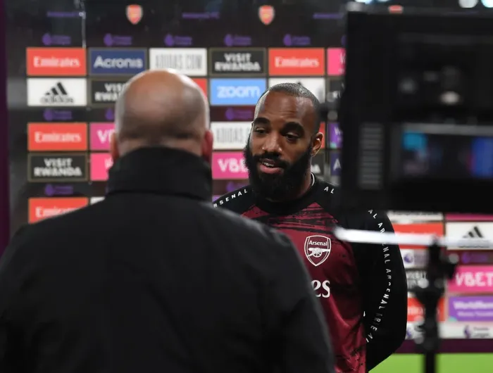 Framed Print : Arsenal's Lacazette Post-Match Interview: Empty Emirates Stadium, Arsenal v Liverpool (2019-20)