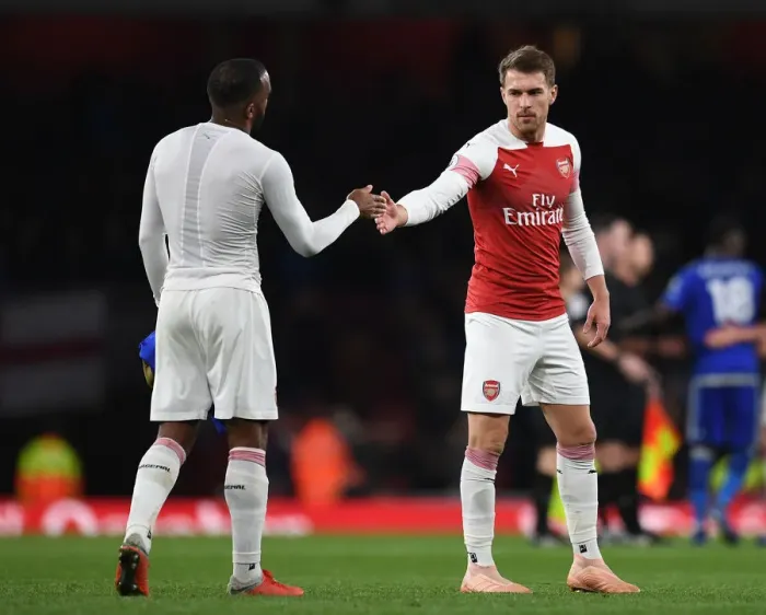 Framed Print : Arsenal's Lacazette and Ramsey Celebrate after Victory over Leicester City Framed Print : Arsenal's Lacazette and Ramsey Celebrate after Victory over Leicester City