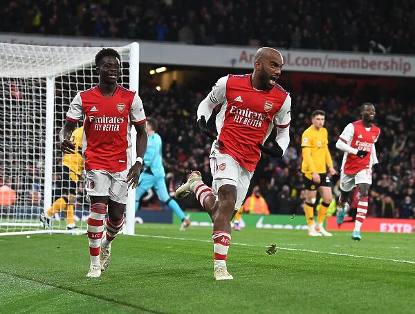 Arsenal's Lacazette and Saka Celebrate Goal Against Wolverhampton Wanderers, Premier League 2021-22