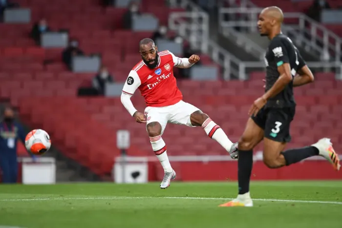 Framed Print : Arsenal's Lacazette Scores Historic First Goal in Empty Emirates Against Liverpool (2019-20) Framed Print : Arsenal's Lacazette Scores Historic First Goal in Empty Emirates Against Liverpool (2019-20)