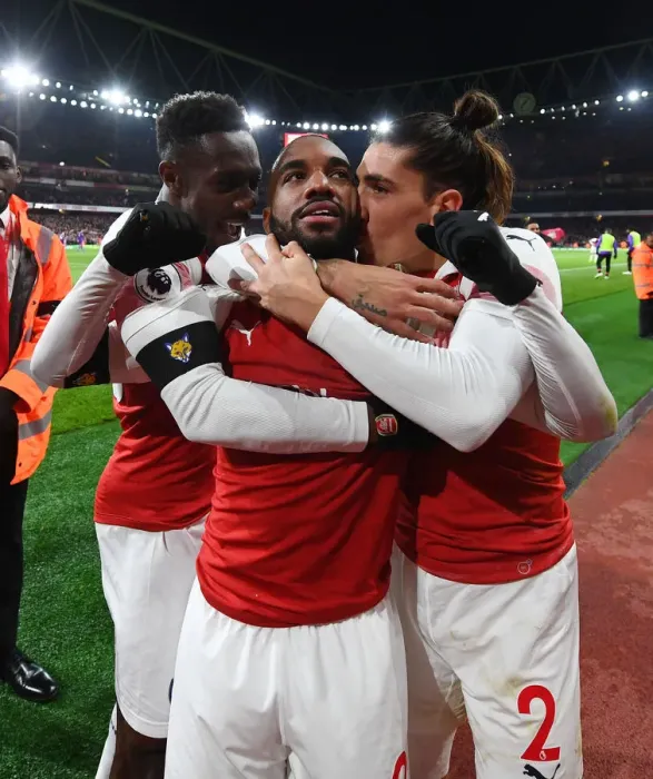 Framed Print : Arsenal's Lacazette, Welbeck, and Bellerin Celebrate Goal Against Liverpool (2018-19) Framed Print : Arsenal's Lacazette, Welbeck, and Bellerin Celebrate Goal Against Liverpool (2018-19)