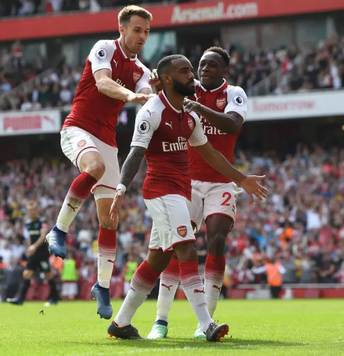 Framed Print : Arsenal's Lacazette, Welbeck, and Ramsey Celebrate Goals Against West Ham Framed Print : Arsenal's Lacazette, Welbeck, and Ramsey Celebrate Goals Against West Ham