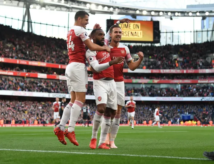 Framed Print : Arsenal's Lacazette, Xhaka, and Ramsey Celebrate Goal vs Everton (2018-19)