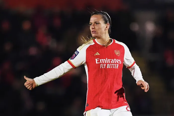 Framed Print : Arsenal's Laia Codina Reacts During Intense Arsenal Women vs. Tottenham Hotspur FA Cup Clash at Meadow Park