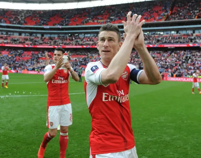 Framed Print : Arsenal's Laurent Koscielny Celebrates FA Cup Semi-Final Victory over Manchester City