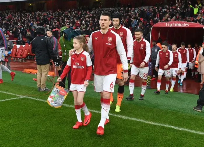 Framed Print : Arsenal's Laurent Koscielny and the Gunners Mascot Ahead of Arsenal vs Crystal Palace (2017-18)