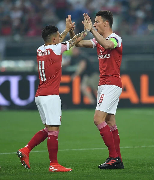 Arsenal's Laurent Koscielny and Lucas Torreira Celebrate before Europa League Final vs Chelsea