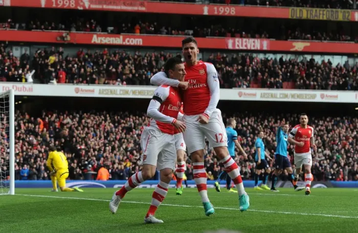 Framed Print : Arsenal's Laurent Koscielny and Olivier Giroud Celebrate Goal Against Stoke City (2014-15)