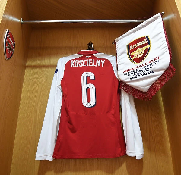 Arsenal's Laurent Koscielny: Shirt and Pennant in the Changing Room before Arsenal v AC Milan, UEFA Europa League 2018