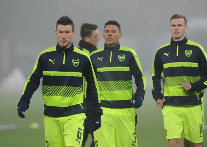 Framed Print : Arsenal's Laurent Koscielny Warming Up Ahead of FC Basel Clash in 2016-17 UEFA Champions League