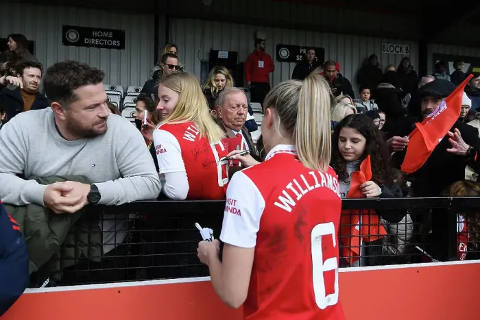 Framed Print : Arsenal's Leah Williamson Signs Autographs After Arsenal Women vs Manchester City Women FA Super League Match