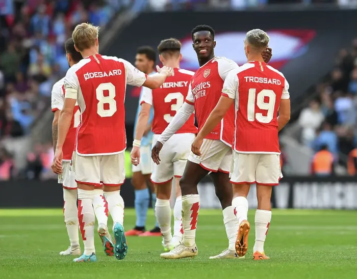 Framed Print : Arsenal's Leandro Trossard and Eddie Nketiah Celebrate Goal: Arsenal vs Manchester City - FA Community Shield 2023-24 Framed Print : Arsenal's Leandro Trossard and Eddie Nketiah Celebrate Goal: Arsenal vs Manchester City - FA Community Shield 2023-24