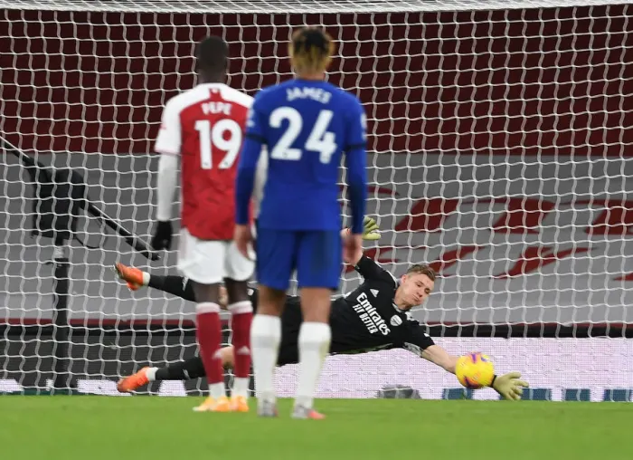 Framed Print : Arsenal's Leno Stops Chelsea Penalty in Empty Emirates