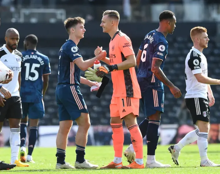 Framed Print : Arsenal's Leno and Tierney Celebrate Victory Over Fulham in 2020-21 Premier League Framed Print : Arsenal's Leno and Tierney Celebrate Victory Over Fulham in 2020-21 Premier League