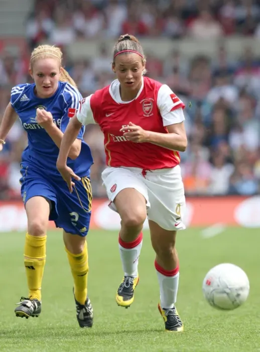 Framed Print : Arsenal's Lianne Sanderson and Sophie Bradley Clash in FA Womens Cup Final Showdown: Arsenal 4-1 Leeds at The City Ground (2008) Framed Print : Arsenal's Lianne Sanderson and Sophie Bradley Clash in FA Womens Cup Final Showdown: Arsenal 4-1 Leeds at The City Ground (2008)