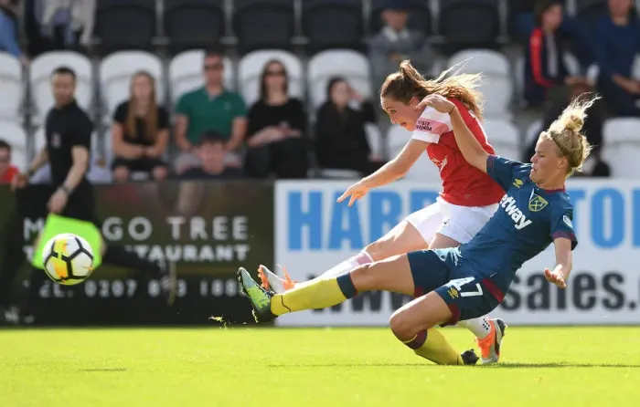 Framed Print : Arsenal's Lisa Evans Faces Off Against West Ham's Esme De Graaf in Continental Cup Clash