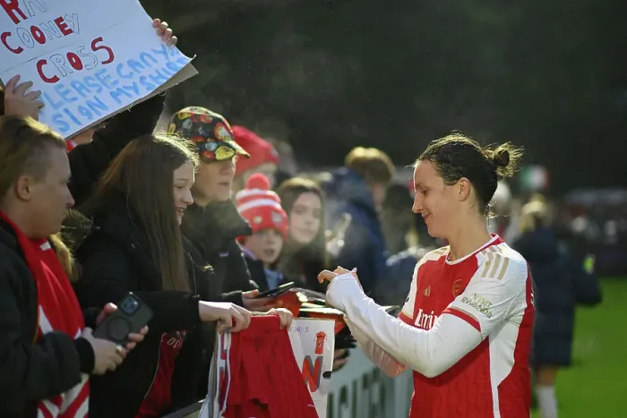 Framed Print : Arsenal's Lotte Wubben-Moy Greets Fans with Autographs After Arsenal Women's Victory Over West Ham Framed Print : Arsenal's Lotte Wubben-Moy Greets Fans with Autographs After Arsenal Women's Victory Over West Ham