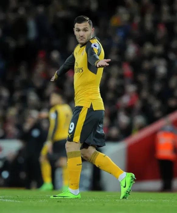 Framed Print : Arsenal's Lucas Perez Faces Off Against Liverpool at Anfield (Premier League 2016-17)