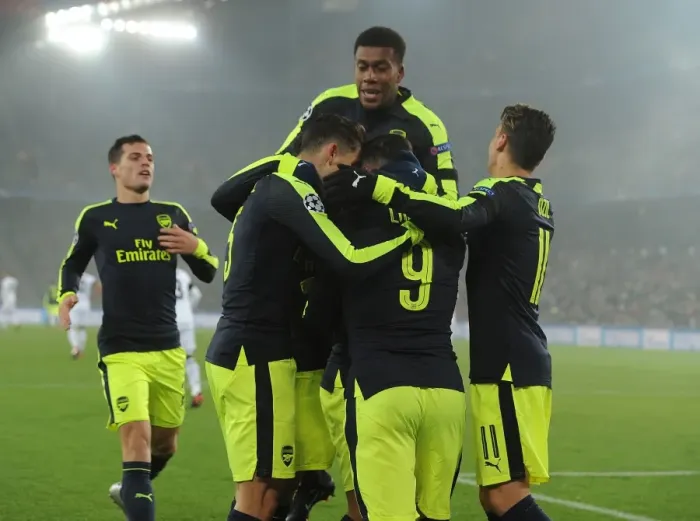 Framed Print : Arsenal's Lucas Perez Scores First Goal: FC Basel vs. Arsenal, UEFA Champions League 2016-17