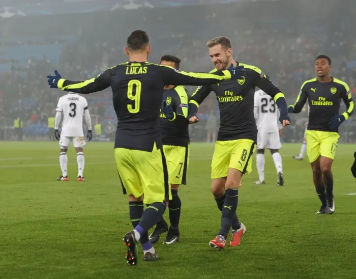 Framed Print : Arsenal's Lucas Perez Scores Third Goal vs. FC Basel in 2016-17 UEFA Champions League